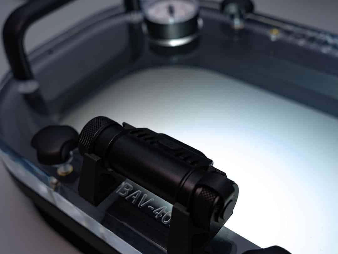Photo of the LED lighting option mounted on one of our vacuum boxes during a leak test